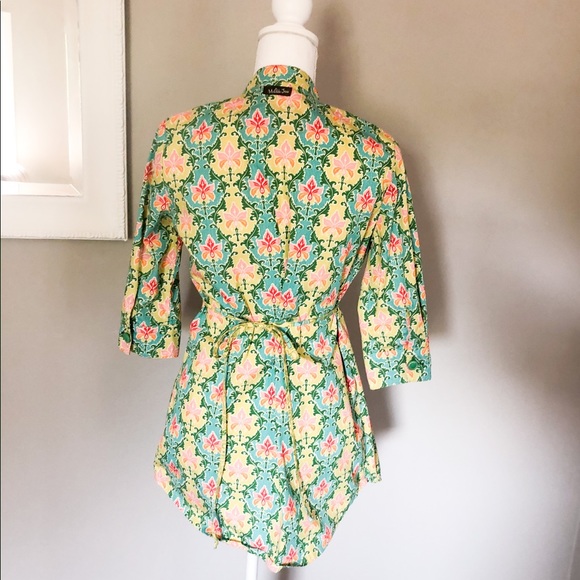 MJ 3/4 length sleeve button up, cinch tunic top - Picture 2 of 4